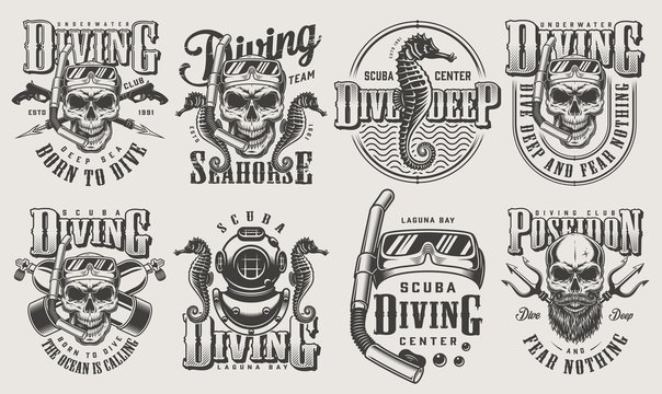 Vintage monochrome diving logos set