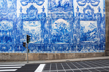 Portuguese azulejo tile on one of the streets of the old town of Porto, Portugal
