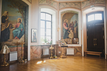 Beautiful interior of a Sunny Church in the village 1864.