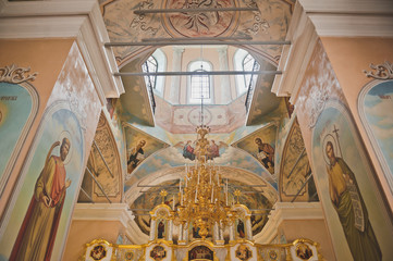 Beautiful interior of a Sunny Church in the village 1865.