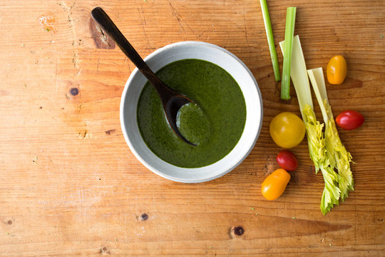 Overhead view of cilantro cumin dip with crudites