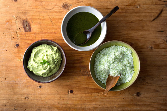 Dips in bowl on wooden table
