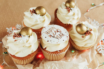 festive dessert cupcakes with new year decor