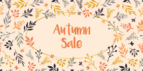Autumn Sale text vector with hand drawn leaves on beige background. Autumn Sale lettering illustration. Special offer advertisement for flyer, poster, banners, print