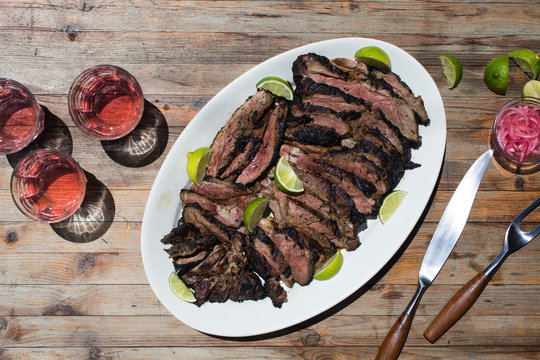Overhead view of roasted lamb served on plate