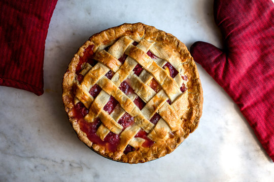 Close Up Of Peach Raspberry Pie