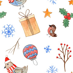 Cute white Christmas seamless pattern with watercolor branches, giftbox, birds, holly and snowflakes. Winter holiday texture for textile, wrapping paper, wallpaper, new year decor