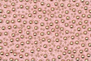 Minimal christmas background pattern. Scattered gold decoration balls and stars on pastel pink background. 3D rendering.