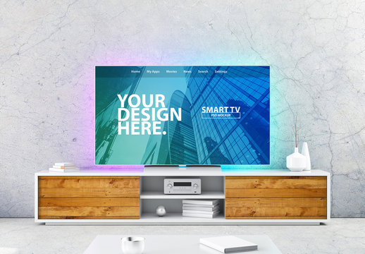 Smart TV on Wooden Console Mockup