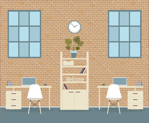 Loft style office on brick background. Vector.Two tables with drawers, chairs, a bookcase with a monstera. Cup of coffee, laptop, clock on the wall, windows, books