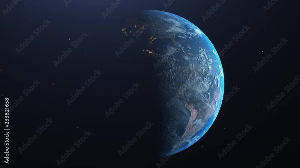 Poster a flight towards planet earth in space with the rotation and the dark and bright side of the planet