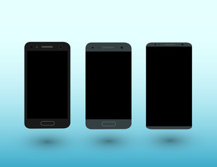 A set of black color modern touchscreen smartphones on light blue background with shadow vector illustration