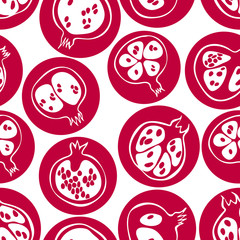 Seamless pattern with outline pomegranate on crimson circles. Hand drawn doodle art.