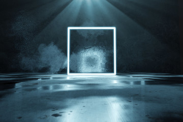 3d rendering of blue lighten square shape with light beam and grunge wall background - obrazy, fototapety, plakaty