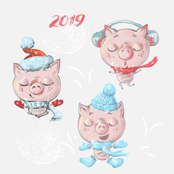 Vector set with funny cute cartoon pigs for New year and Christmas
