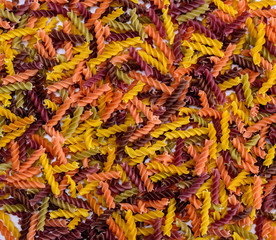 unprepared fusilli pasta multicolored spiral of wheat flour