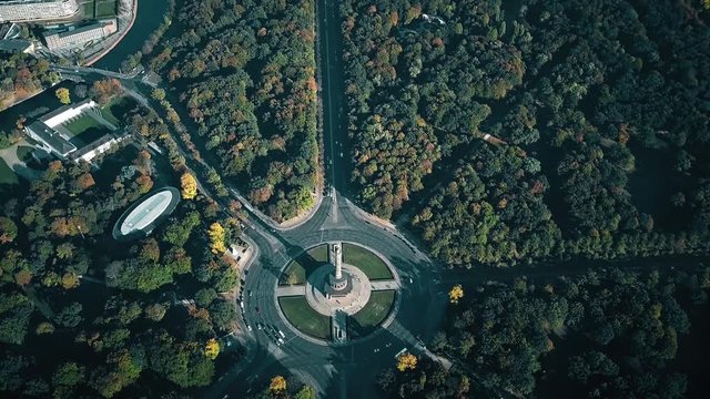 Aerial hyperlapse of Berlin Victory Column roundabout traffic, Germany