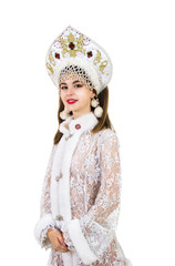 Beautiful, happy, emotional young woman with long hair, dressed like Santa Claus smiling. Christmas-New year carnival.