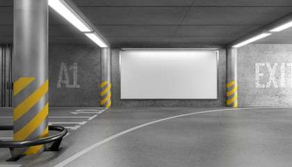 Blank horizontal big poster in an car parking garage under shopping center. Billboard mockup. 3D rendering.