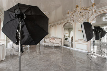 Photo Studio interior. classic luxurious apartments with a white fireplace, sofa, large windows and...