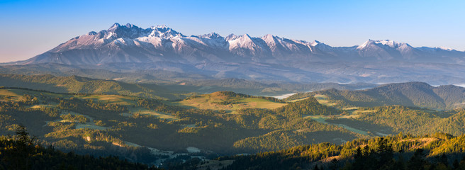 Beautiful autumn panorama over Pieniny to snowy Tatra mountains in the morning, Poland, Slovakia