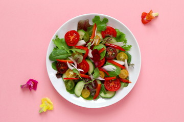 Fresh vegetables salad. Top view with copy space. Healthy food concept.