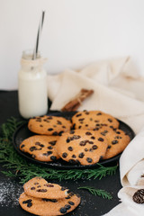 Glass with fresh milk and homemade chocolate chips cookies over a dark table. 