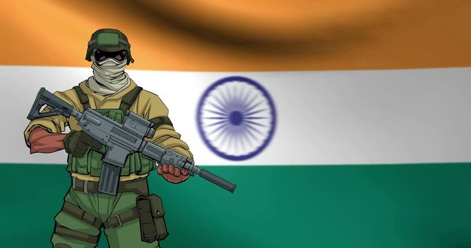 Looping animation of Indian soldier and the flag of India in the background.
