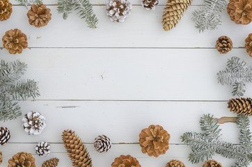 pine, fir, branches and cones. Stylish festive and cozy New year, Xmas, merry christmas frame. Trendy design