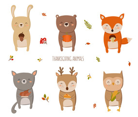 Happy Thanksgiving Collection. Perfect for greeting card, poster or flyer for holiday. Funny animals with gifts