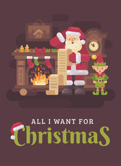 Confused Santa Claus and elf reading a very long kids letter in a cozy room with a fireplace and grandfather clock. Christmas flat illustration greeting card