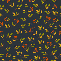 Seamless pattern with branches, leaves, berries on a dark background. Doodle illustration. Thanksgiving day, autumn holiday, baby shower