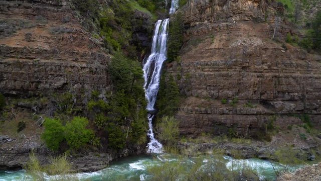 Beautiful landscape with waterfall and a crystalline river with strong water stream. Trapa Trapa region Alto Biobio Chile. Flat plane