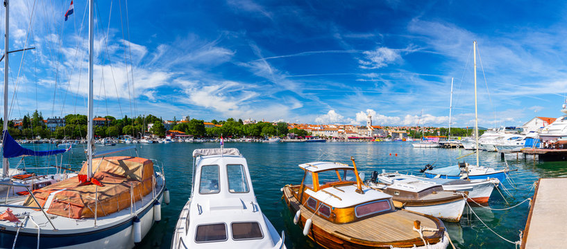 Fototapeta Wonderful romantic summer in old town at Adriatic sea. Summer panoramic coastline landscape. Boats and yachts in harbor. Krk. Krk island. Croatia. Europe.