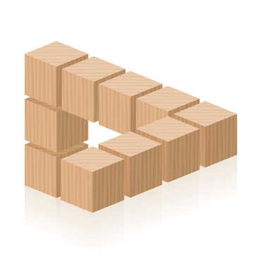 Impossible figure. Optical illusion with wooden cubes. Isolated vector on white background.