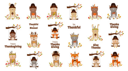 Happy Thanksgiving, greeting card, poster or flyer for holiday. Funny animals collection.