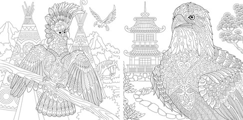 Coloring pages with cockatoo and eagle © Sybirko