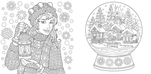 Coloring pages with winter girl and magic crystal snow ball