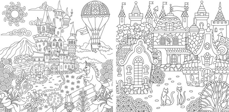 Coloring pages with fantasy castles
