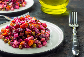 Salad from the beet. Vinaigrette is a traditional Russian salad made from beets and vegetables.