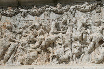 Bas Relief sculpures on the Mausoleum in the ancient Roman archaelogical site near the town of St Remy de Provence, France