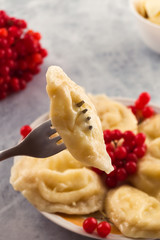 Cooked dumpling, chopped on a fork, on the background of a plate of dumplings and red berries of viburnum.