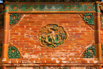 Colored glaze carving in the Eastern Tombs of the Qing Dynasty, China...