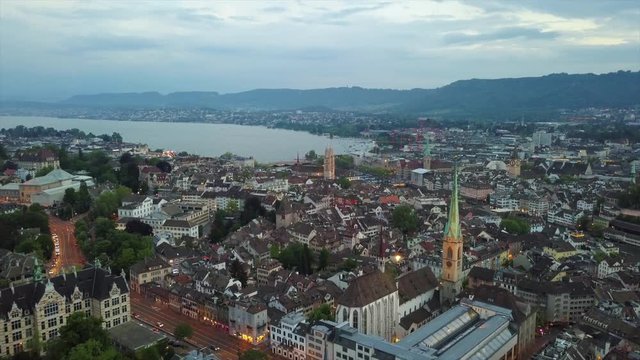 sunset evening zurich city lakeside central district aerial panorama 4k switzerland
