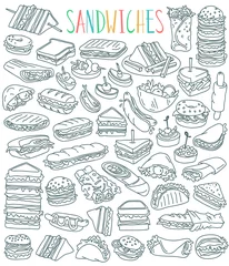 Fotobehang Sandwiches doodles set. Club sandwich, cheeseburger, hamburger, falafel in pita, shawarma, deli wrap, roll, taco, baguette, panini, bagel, toast. Outline vector drawing isolated on white background. © primiaou