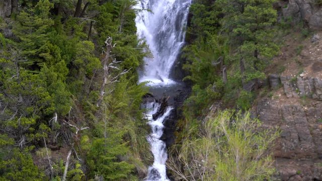 Beautiful landscape with waterfall on sunlight. Trapa Trapa region Alto Biobio Chile. Flat plane