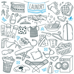Laundry doodles set. Equipment and facilities for washing, drying and ironing clothes. Hand drawn vector illustration isolated on white background