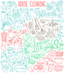 House and home cleaning doodle set. Equipment, tools and facilities for washing, dusting, cleaning. Hand drawn vector illustration isolated on white background 