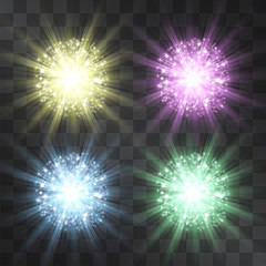 Fototapeta premium Explosion light effect set, burning glitter beams isolated on transparent background. Vector neon energy flash, glowing rays with sparkles cloud. Astronomy super nova design element for ads, posters.