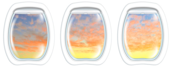 Three plane portholes on Perth sunset of Australia, from a plane on the portholes windows. Copy space.